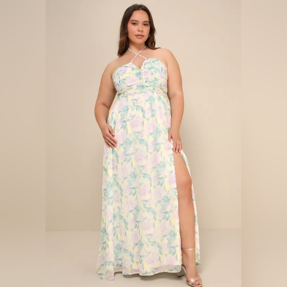 NWOT Lulu's Green Multi Floral Ruched Halter Maxi Dress Size XL=14/16